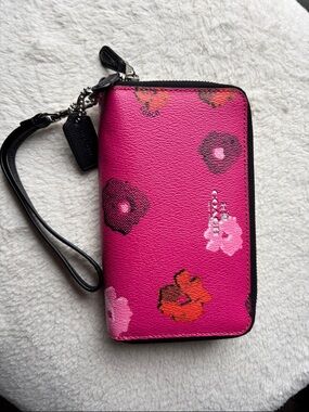 Coach Hot Pink Floral Zip Wristlet with Black Strap